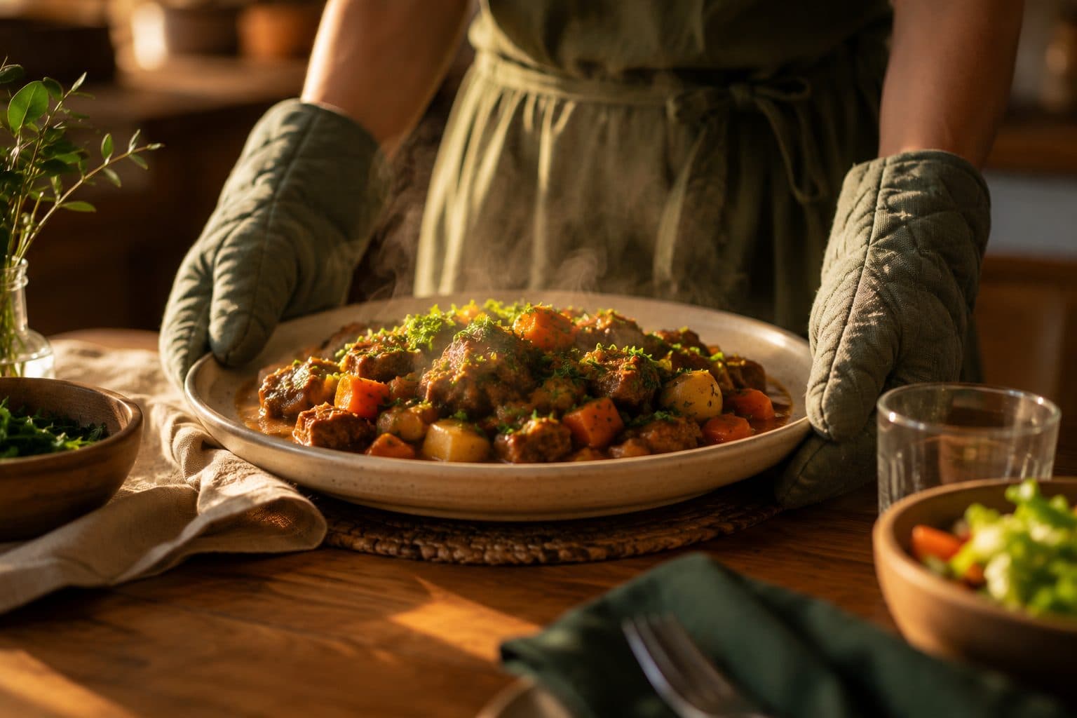 Plato humeante de guiso casero recién servido en una mesa de madera, sostenido con guantes de cocina