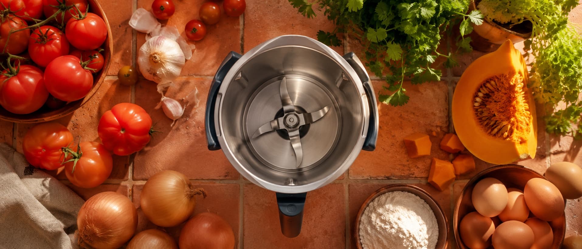 Thermomix abierta rodeada de ingredientes frescos: tomates, ajo, cebolla, cilantro, zapallo y huevos