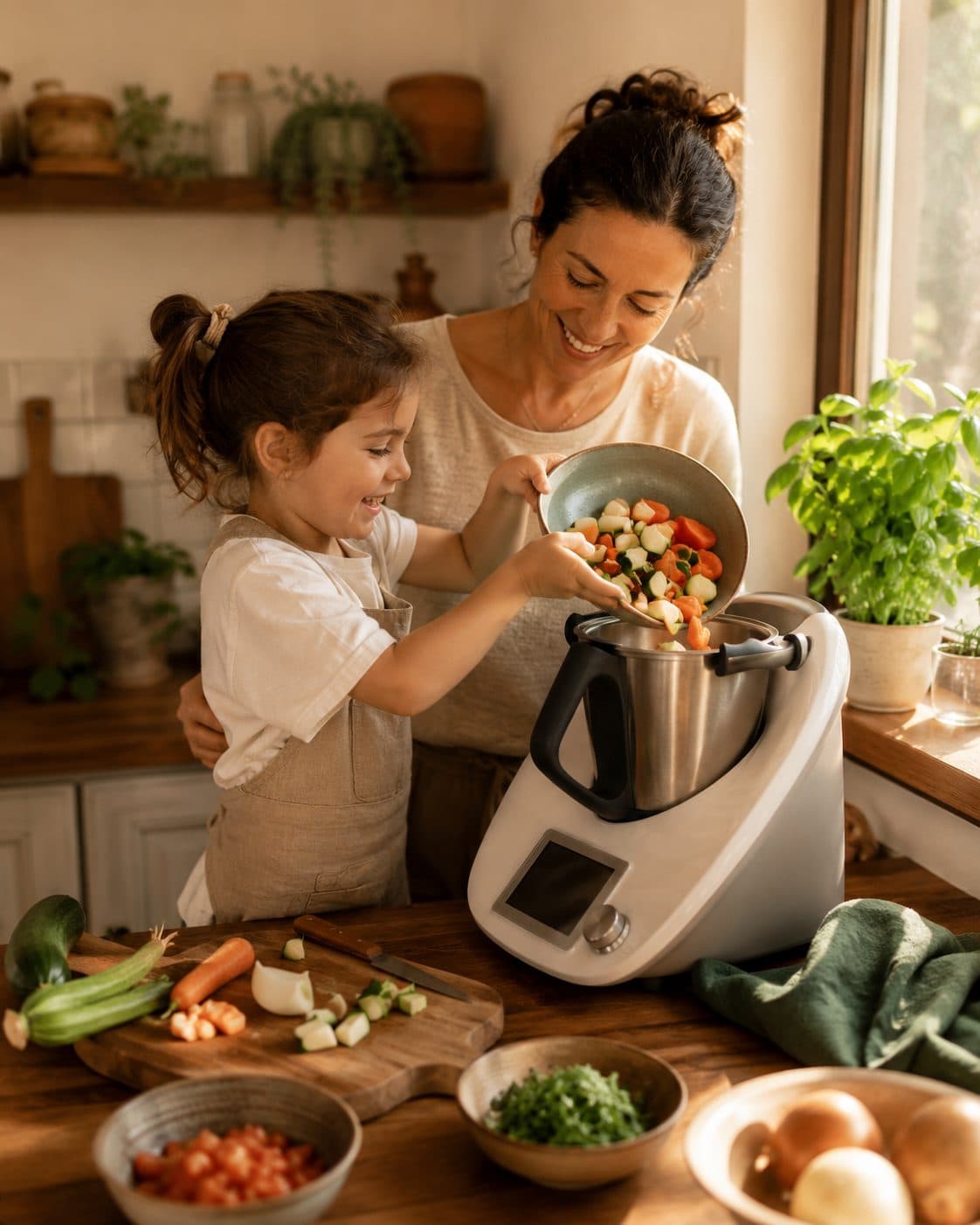 Madre e hija riendo mientras echan verduras picadas al robot de cocina, junto a una ventana con albahaca